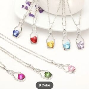 Heart in a Bottle Necklace | Colorful Crystal Pendant | Silver Tone Chain, T5B4F
